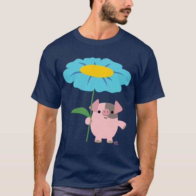 Cute Cartoon Pig With Gift (Blue) T-Shirt (Front)