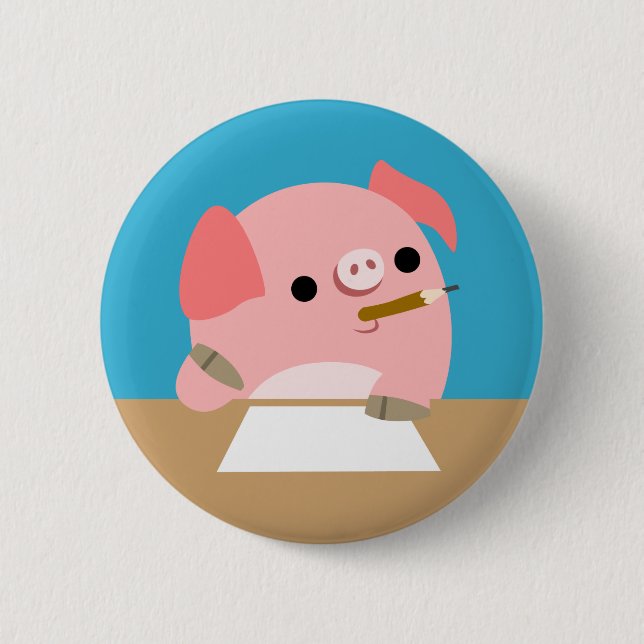 Cute Cartoon Pig "Writer's Block" Button Badge (Front)