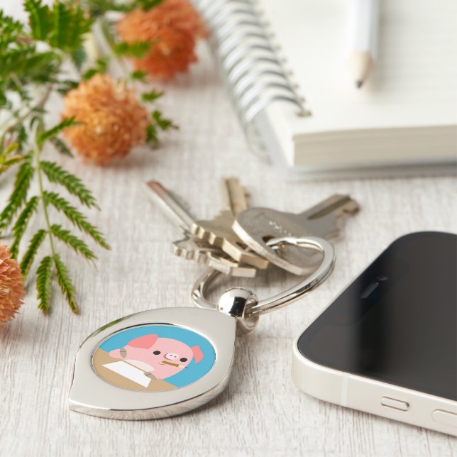 Cute Cartoon Pig "Writer's Block" Metal Keychain (Side)