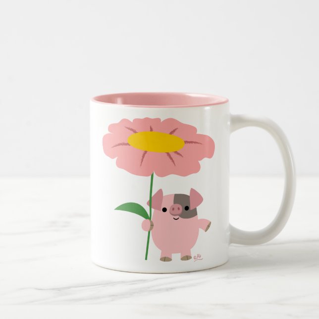 Cute Cartoon Piggy With A Gift (Pink) Two-Tone Coffee Mug (Right)