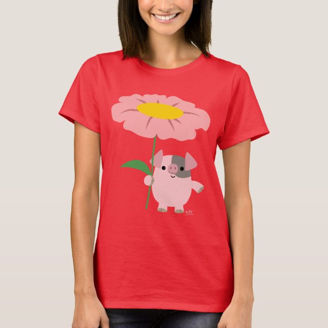 Cute Cartoon Piglet With Gift (Pink) Women T-shirt (Front)