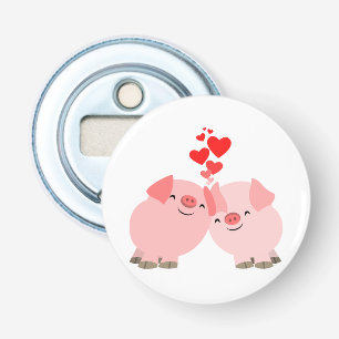 Cute Cartoon Pigs in Love Button Bottle Opener