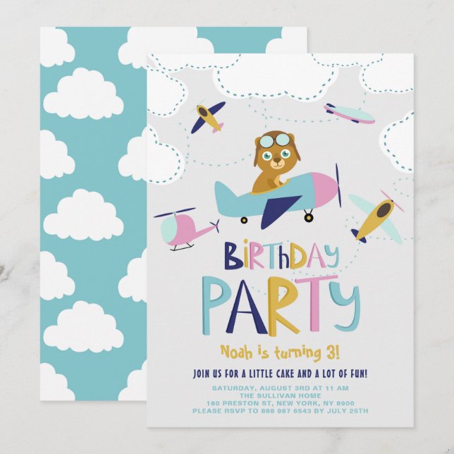Cute Cartoon Pilot Bear Kids Birthday Party Invitation (Front/Back)
