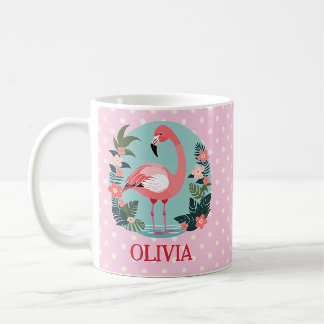 Cute Cartoon Pink Flamingo and Polka Dots Coffee Mug (Left)