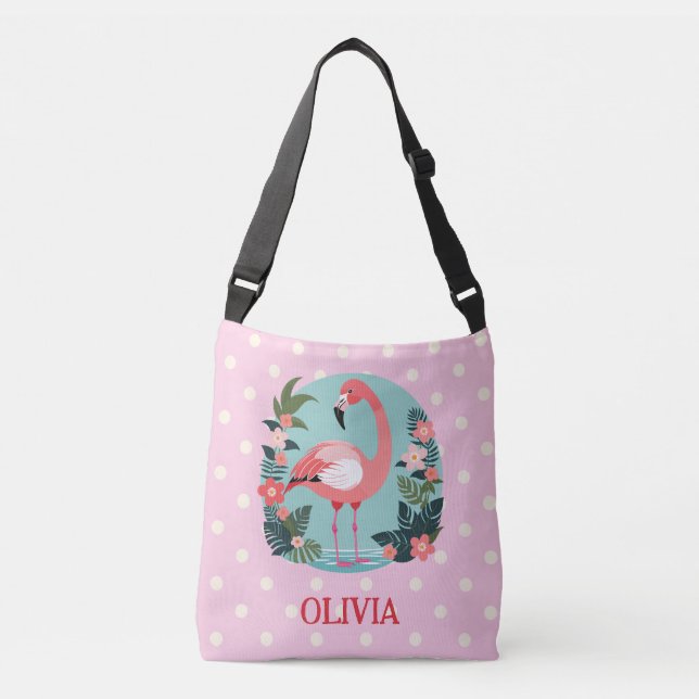 Cute Cartoon Pink Floral Flamingo with Polka Dots Crossbody Bag (Front)