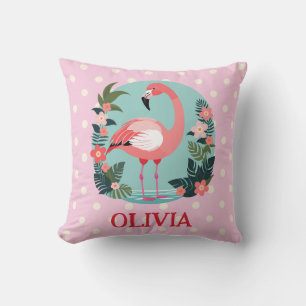 Cute Cartoon Pink Floral Flamingo with Polka Dots Cushion