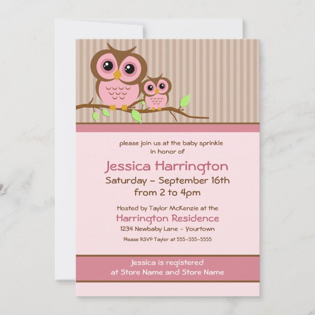 Cute Cartoon Pink Owl Baby Sprinkle Invitations (Front)