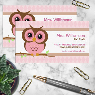 Cute Cartoon Pink Owl Teacher Contact Business Card