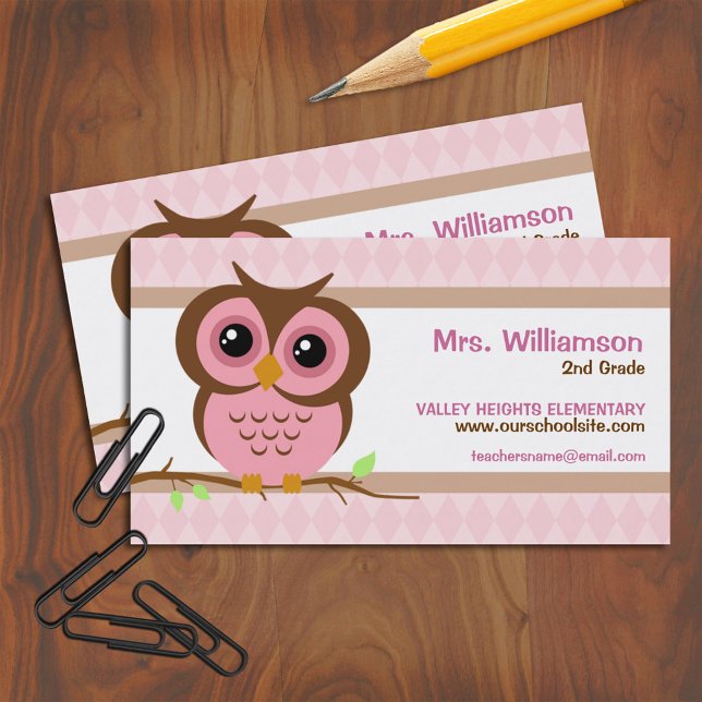 Cute Cartoon Pink Owl Teacher Contact Business Card (Creator Uploaded)