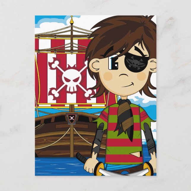Cute Cartoon Pirate and Ship Postcard (Front)
