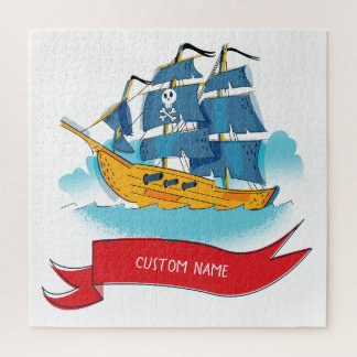 Cute Cartoon Pirate Ship Custom text Jigsaw Puzzle