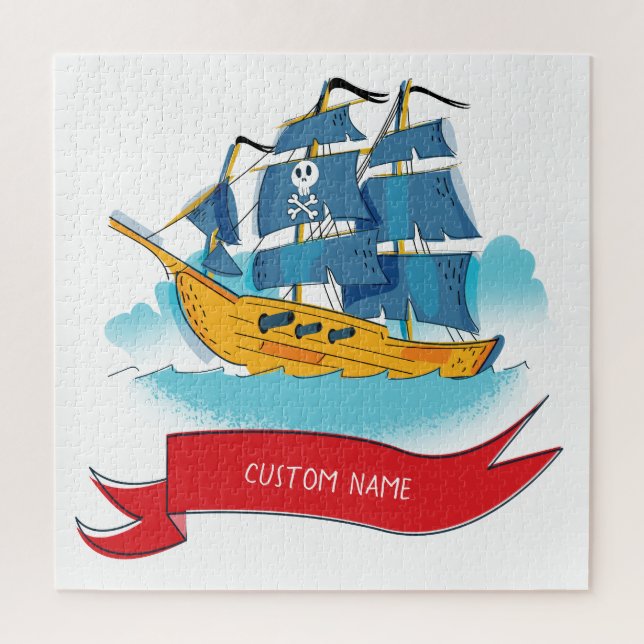 Cute Cartoon Pirate Ship Custom text Jigsaw Puzzle (Vertical)