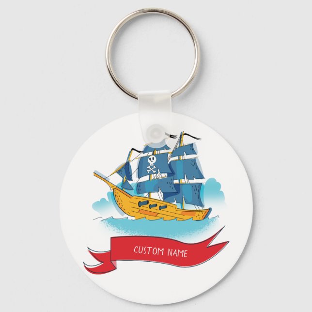 Cute Cartoon Pirate Ship Custom text Key Ring (Front)