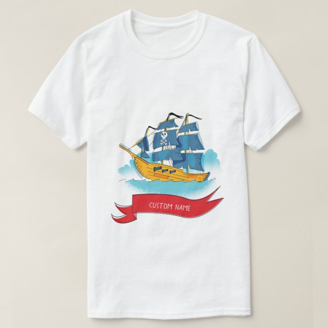 Cute Cartoon Pirate Ship Custom text T-Shirt (Design Front)