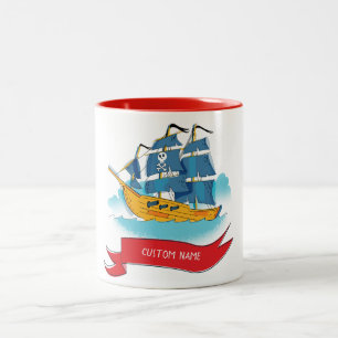 Cute Cartoon Pirate Ship Custom text Two-Tone Coffee Mug