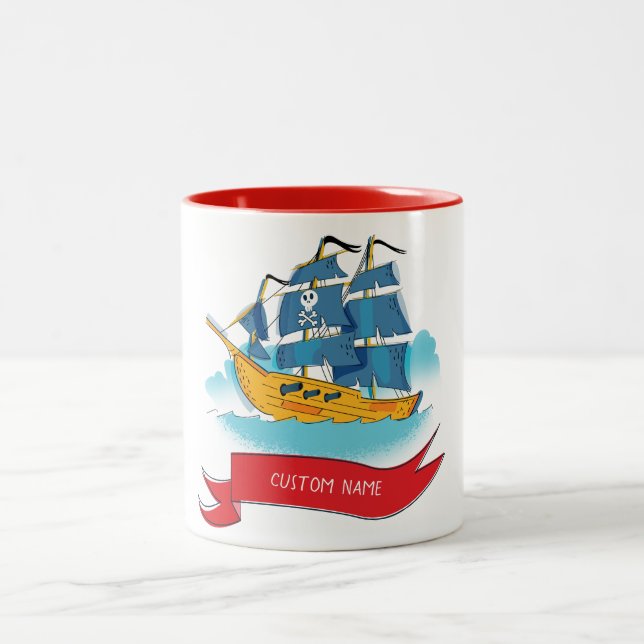 Cute Cartoon Pirate Ship Custom text Two-Tone Coffee Mug (Center)