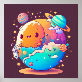 Cute cartoon planets in outer space. poster