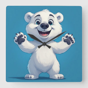 Cute Cartoon Polar Bear Character Square Wall Clock