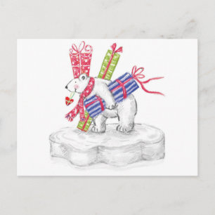 Cute Cartoon Polar Bear with Christmas Presents Holiday Postcard