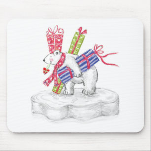 Cute Cartoon Polar Bear with Christmas Presents Mouse Mat