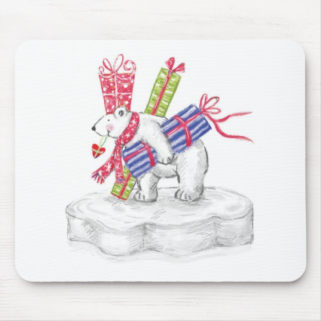 Cute Cartoon Polar Bear with Christmas Presents Mouse Mat (Front)