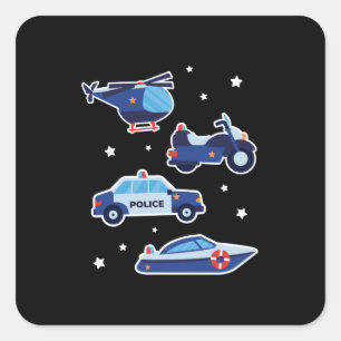 Cute Cartoon Police Vehicles Square Sticker