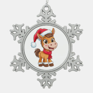 Cute Cartoon Pony in Christmas Hat and Scarf Snowflake Pewter Christmas Ornament