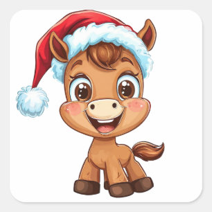 Cute Cartoon Pony in Christmas Hat and Scarf Square Sticker