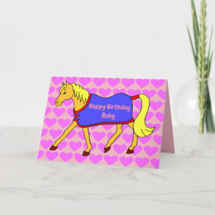 Cute Cartoon Pony with Pink Hearts Birthday Card