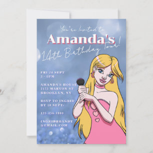 Cute Cartoon Pop Music Blue 14th Birthday Invitation