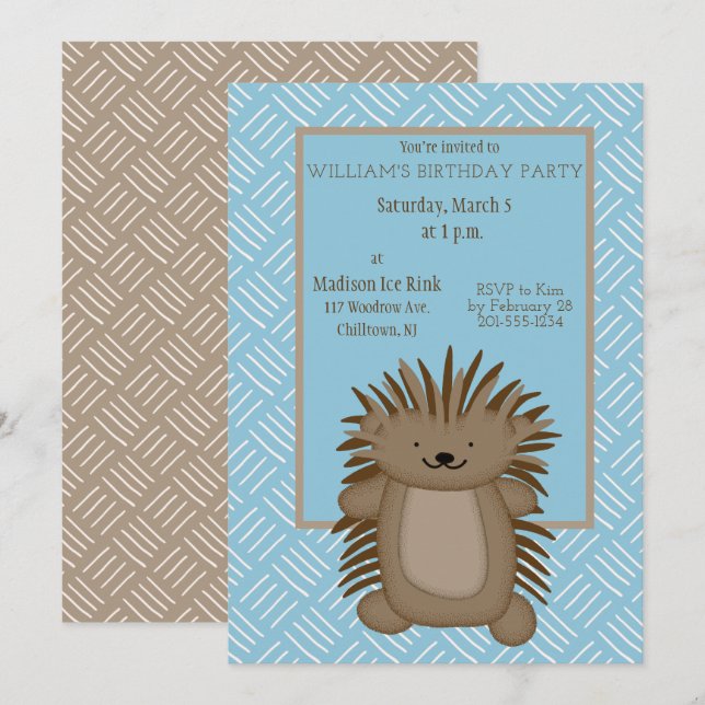 Cute Cartoon Porcupine Kids Birthday Party Invitation (Front/Back)