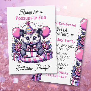 Cute Cartoon Possum Girl's Birthday Party Invitation