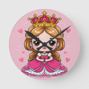 Cute Cartoon Princess in Pink Dress 👑 Round Clock