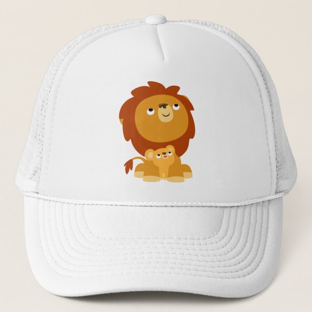 Cute Cartoon Protective Dad Lion and Cub Hat (Front)