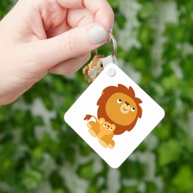 Cute Cartoon Protective Dad Lion and Cub Keychain (Hand)