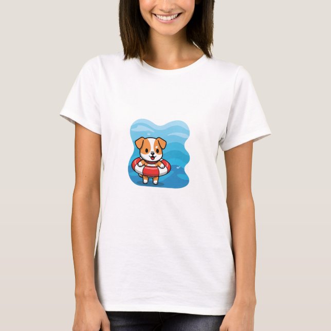 Cute Cartoon Puppy Floating in Lifebuoy T-Shirt (Front)