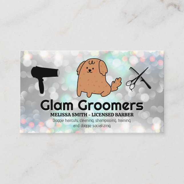 Cute Cartoon Puppy | Grooming Tools | Glam Bokeh Business Card (Front)
