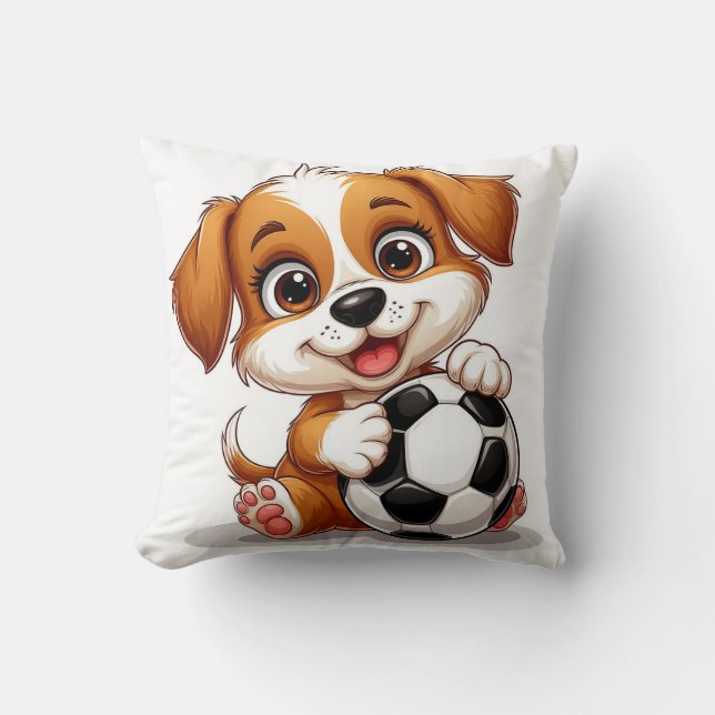 Cute Cartoon Puppy Holding Soccer Ball Cushion (Front)