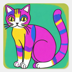 Cute Cartoon Purple, Blue and Yellow Cat  Square Sticker