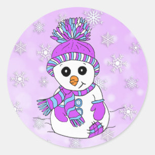 Cute Cartoon Purple Snowman  Snowflake Christmas Classic Round Sticker