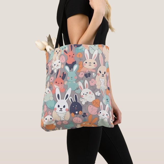Cute cartoon Rabbit Colourful Tote Bag (Close Up)
