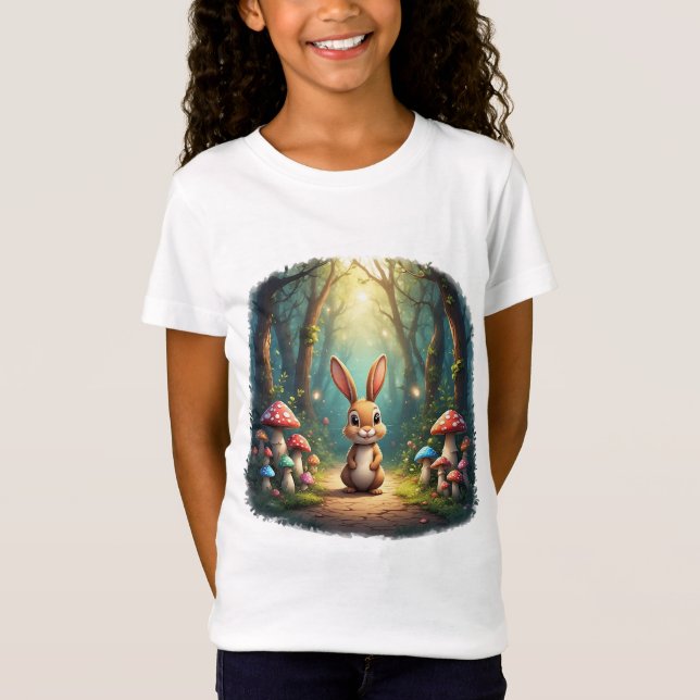 Cute Cartoon Rabbit In Enchanted Forest Path T-Shirt (Front)