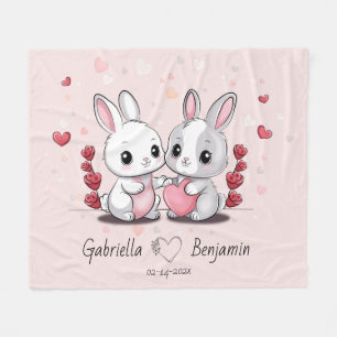 Cute Cartoon Rabbit Lovers Heart Valentine’s Day Fleece Blanket