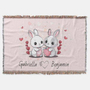 Cute Cartoon Rabbit Lovers Heart Valentine’s Day Throw Blanket