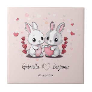 Cute Cartoon Rabbit Lovers Heart Valentine’s Day Tile