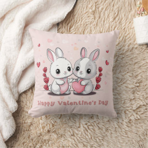 Cute Cartoon Rabbit Lovers Hearts Valentine’s Day Cushion