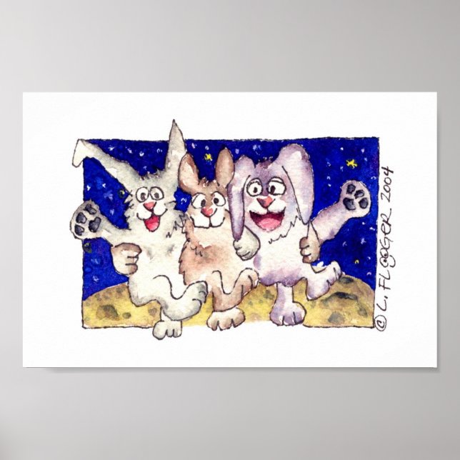 Cute Cartoon Rabbits Moon Dancing Poster Print (Front)