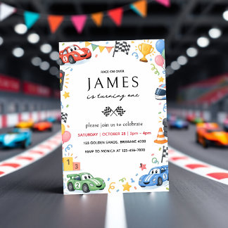 Cute Cartoon Race Car Kids Birthday Invitation