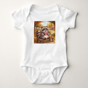 Cute Cartoon Racoon Eating Strawberry Doughnut Baby Bodysuit