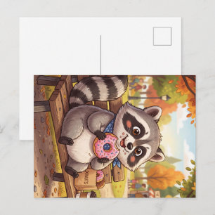 Cute Cartoon Racoon Eating Strawberry Doughnut Holiday Postcard